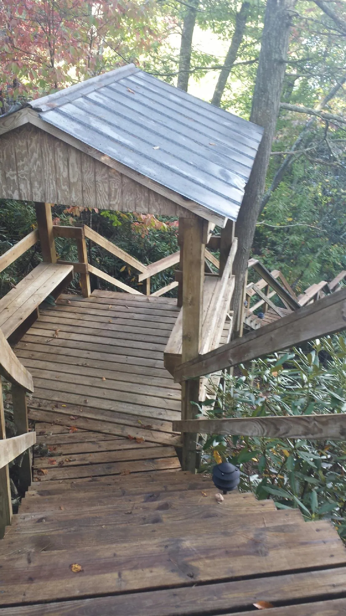 Metal roofed shelter over wooden steps on a wooded walkway — Skylight Repair & Installation work by our crew in Carmine